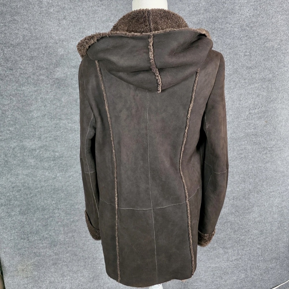 Vince M Shearling Leather Coat Spanish Merino Lamb Wool Brown Suede Hooded - Picture 8 of 13